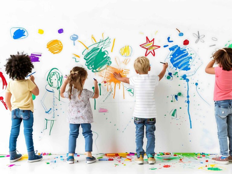 Kinder malen gemeinsam mit Farben an einer Wand.