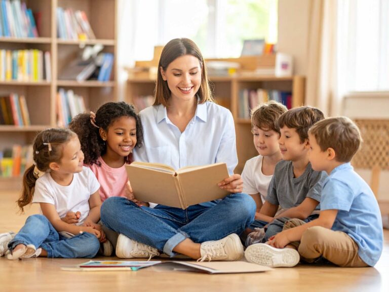 Frau sitzt mit Kindern auf dem Boden und schaut gemeinsam in ein Buch; im Hintergrund stehen Bücherregale.