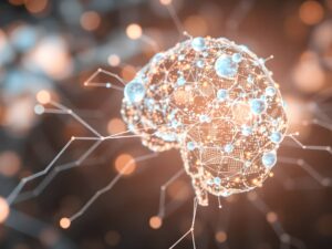 Grafisch dargestelltes Gehirn mit leuchtenden neuronalen Verbindungen.
