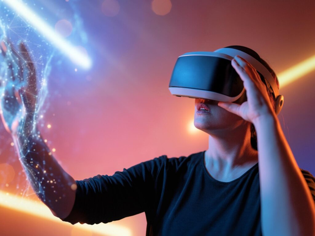 Frau mit VR-Brille erlebt interaktive digitale Inhalte.