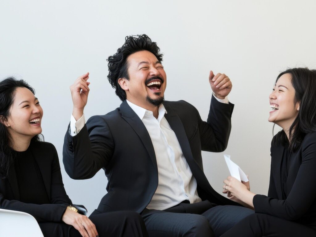 Drei elegant gekleidete Personen sitzen zusammen und lachen herzlich.