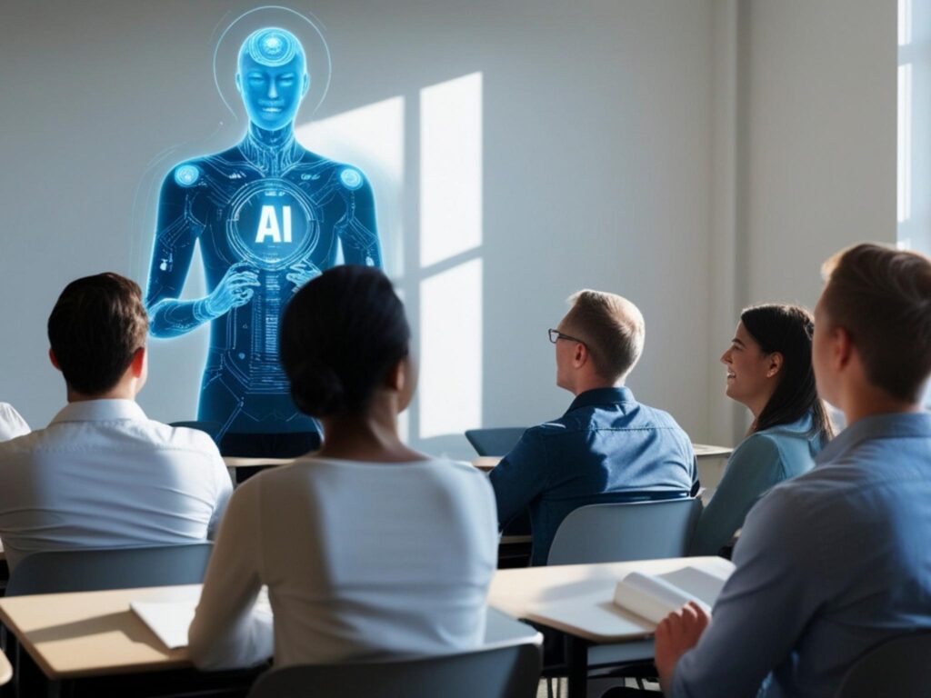 Junge Menschen sitzen in Schulbänken und blicken auf ein digitales KI-Muster auf einer Leinwand, symbolisiert interaktive, technologische Lernmethoden.