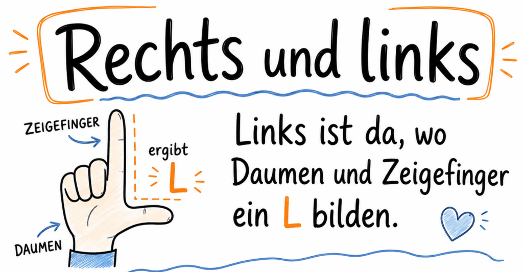 Eselsbrücke für links und rechts - links bildet mit den Fingern ein L