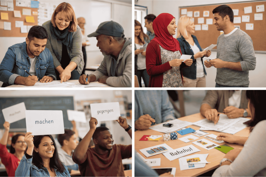 Collage aus einem Integrationskurs: Eine Lehrkraft arbeitet mit einer heterogenen Gruppe an einer Tafel mit klarer Struktur („ankommen, sprechen, üben, verstehen“), TN sind im Austausch, nutzen Karten und einfache Materialien; auf einem Tisch liegt ein Notizbuch mit „99 Tipps für DaZ“, daneben Arbeitsmaterialien und Kaffee – eine ruhige, praxisnahe Unterrichtssituation.