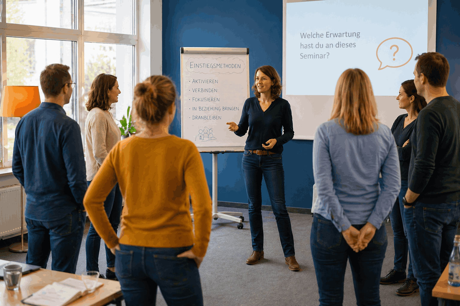 Einstiegsmethode im Seminar – Gruppe positioniert sich aktiv im Raum zu Beginn
