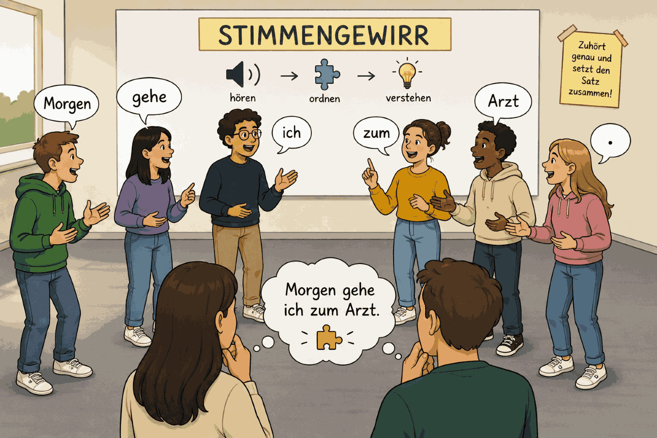 Stimmengewirr Comic: alle stehen im Klassenzimmer und sprechen verschiedene Satzteile