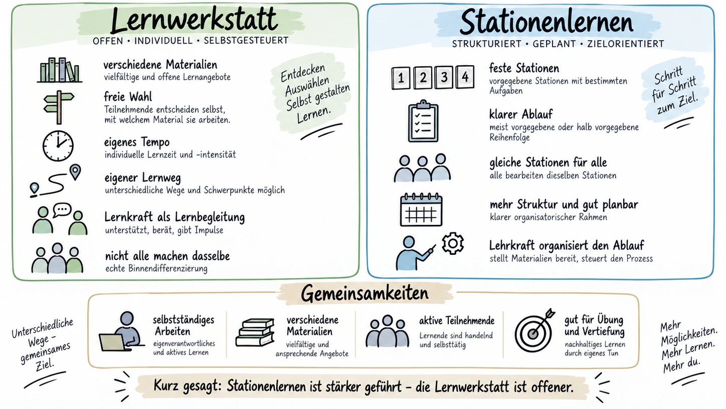 Sketchnote Lernwerkstatt vs. Lernstatioen