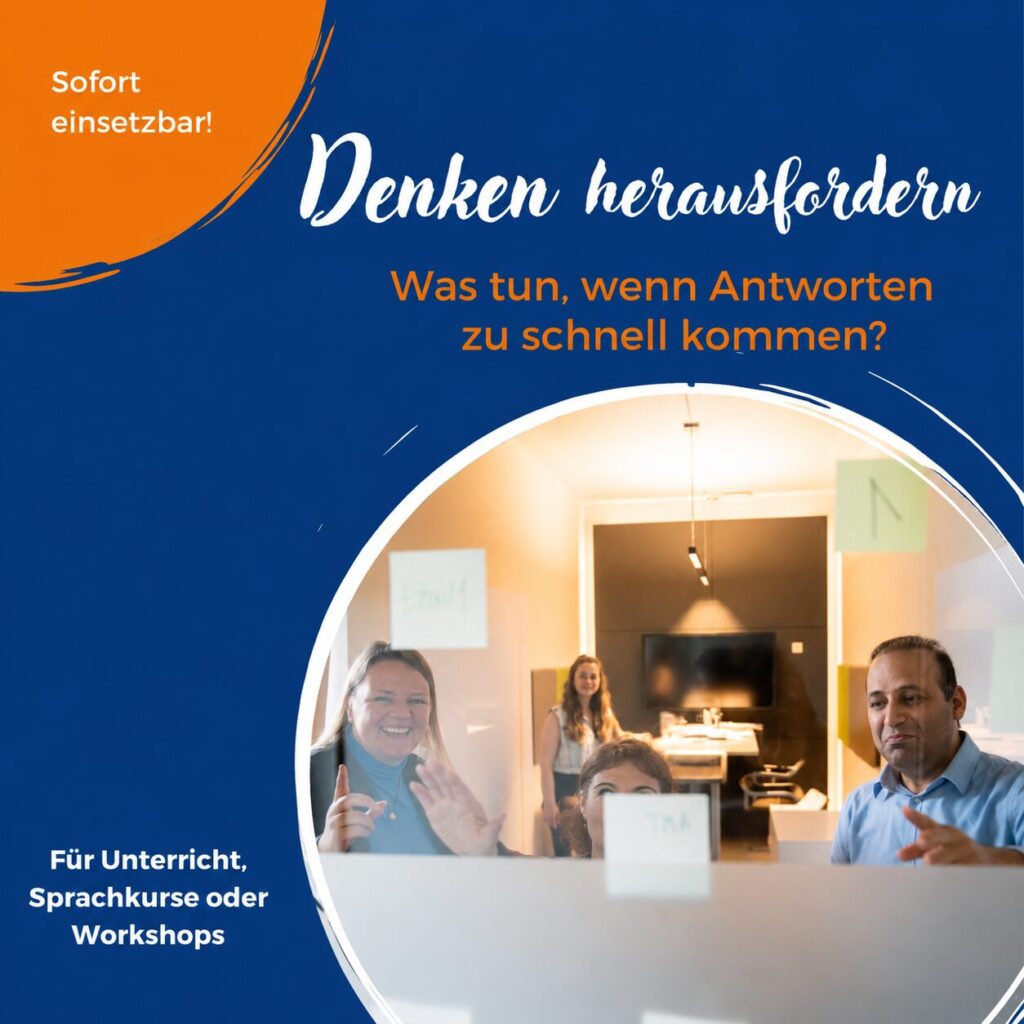 Cover des Mini-PDFs „Denken herausfordern“ mit blau-orangefarbener Gestaltung und einer Gruppe Erwachsener in einem Workshop hinter einer Glaswand.