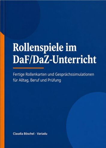 Cover des PDF-Workbooks „Rollenspiele im DaF/DaZ-Unterricht“ mit fertigen Rollenkarten und Gesprächssimulationen.