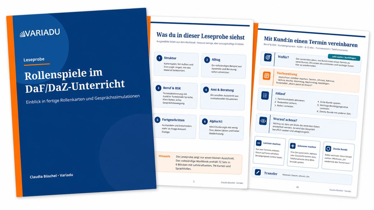 Vorschau auf mehrere Seiten des DaF/DaZ-Workbooks mit Rollenkarten, Lehrkraftseiten und farbcodierten Kartentypen.