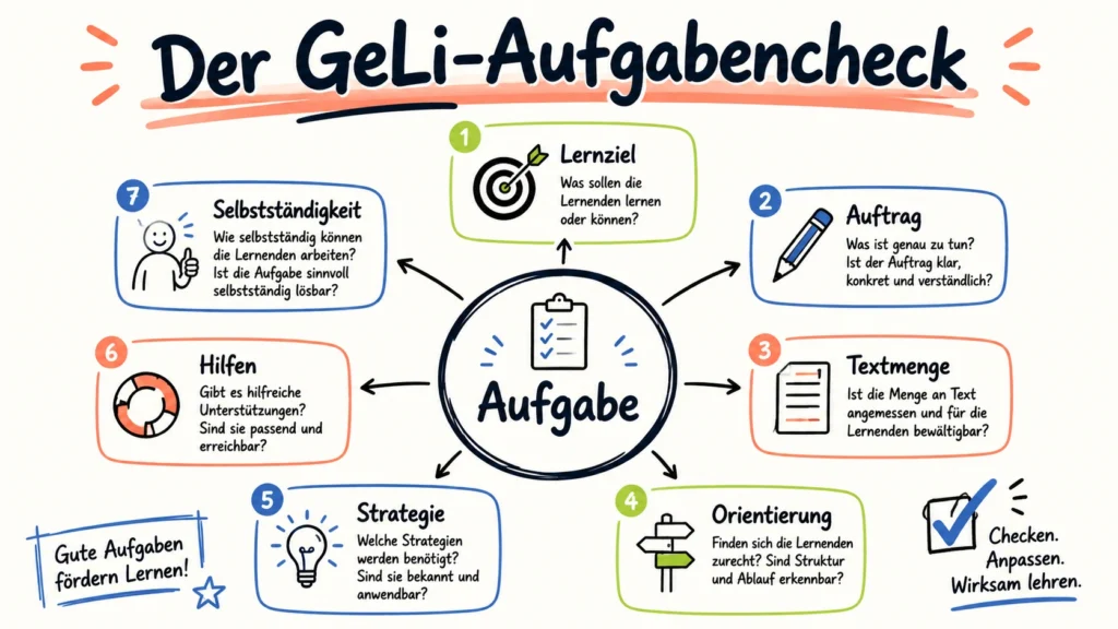 Sketchnote „Der GeLi-Aufgabencheck“ mit sieben Prüfpunkten rund um eine Aufgabe: Lernziel, Auftrag, Textmenge, Orientierung, Strategie, Hilfen und Selbstständigkeit. Im Zentrum steht die Aufgabe, von der Pfeile zu den einzelnen Prüffragen führen.