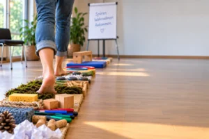 Barfuße Person geht über einen Indoor-Barfußweg mit Moos, Schwamm, Holzklötzen, Seil, Korken und weiteren Materialien. Links steht „Indoor-Barfußweg – 24 Ideen für deine Praxis“ mit den Begriffen Spüren, Wahrnehmen und Umsetzen.
