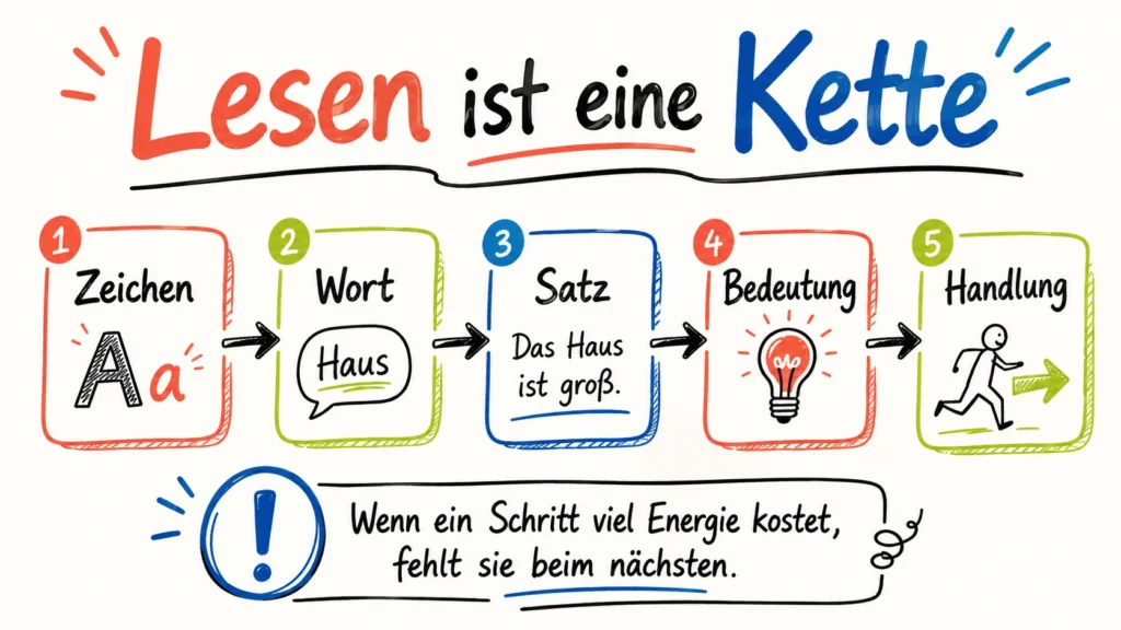 Sketchnote „Lesen ist eine Kette“ mit fünf aufeinanderfolgenden Schritten: Zeichen, Wort, Satz, Bedeutung und Handlung. Ein Hinweis erklärt, dass ein anstrengender Schritt weniger Aufmerksamkeit für den nächsten lässt.