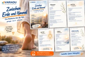 Vorschaubild für das Mini-PDF „Zwischen Erde und Himmel“ mit barfüßiger Person im warmen Licht und mehreren Seiten der geführten Meditation zu Erdung, innerer Mitte und Verbindung.