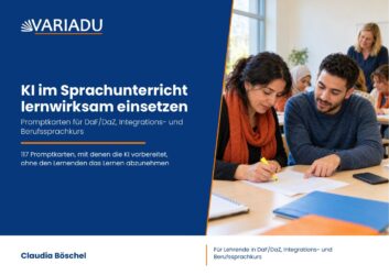 Vordercover des Kartensets „KI im Sprachunterricht lernwirksam einsetzen“ von Claudia Böschel, Promptkarten für DaF/DaZ, Integrations- und Berufssprachkurs