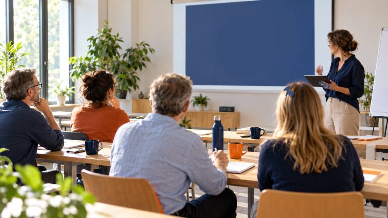 Seminargruppe schaut auf ein Kurs-Werkzeug an der Wand
