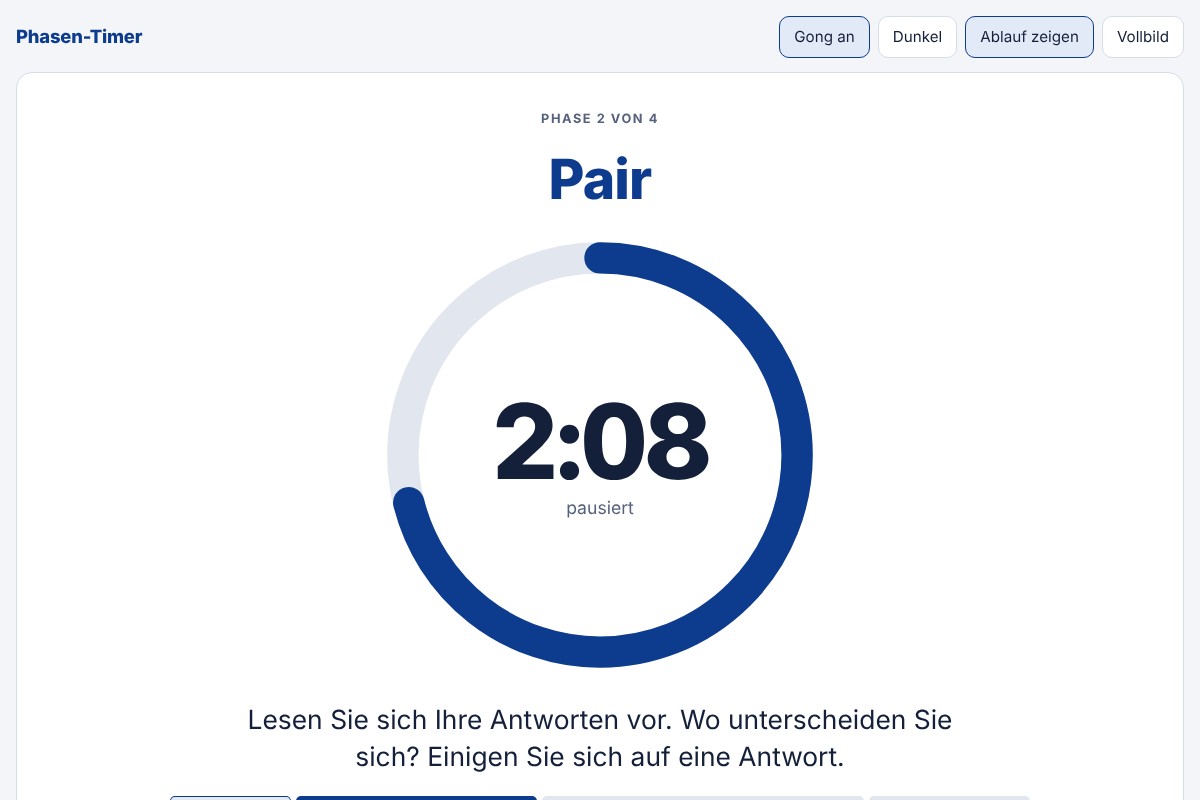 Phasen-Timer in der Beamer-Ansicht: Phase Pair, Restzeit 2:08 und der Arbeitsauftrag darunter