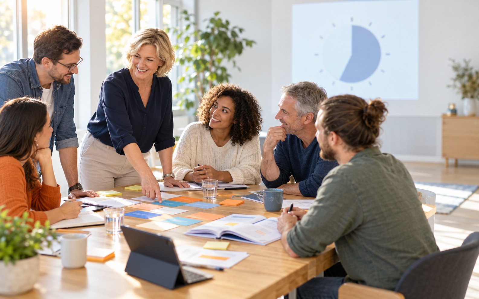 Trainerin zeigt einer Seminargruppe am Tisch Methodenkarten, im Hintergrund ein Timer an der Wand